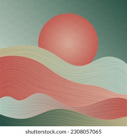 Chinese style landscape with traditional sky clouds pattern. Mountain hills, wave lines texture asian vector background. Land, clouds sky chinese ornament. x Moire curve lines pattern.