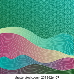 Chinese style landscape with traditional sky clouds pattern. Mountain hills, wave lines texture oriental vector background. Hills, clouds sky colorful chinese pattern. x Terrain scene, land surface.