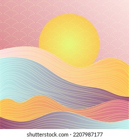 Chinese style panorama with traditional sky clouds pattern. Mountain hills, wave lines texture oriental vector background. Hills, clouds sky chinese pattern. x Terrain scene, land surface.
