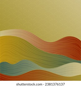 Chinese style panorama with traditional sky clouds pattern. Mountain hills, wave lines texture oriental vector background. Beautiful hills, clouds sky chinese pattern. x Moire curve lines pattern.