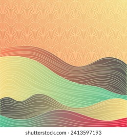 Chinese style panorama with traditional sky clouds pattern. Mountain hills, wave lines texture oriental vector background. Hills, clouds sky colorful chinese pattern. x Terrain scene, land surface.