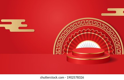 Chinese style podium stage display decorated with golden cloud and oriental fan. Realistic vector background for lunar new year.