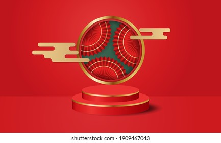 Chinese style podium stage display decorated with golden cloud and red oriental fan. Realistic vector background for lunar new year.