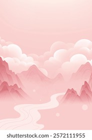 Chinese style poster design pink Chinese landscape painting