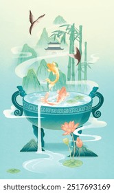 Chinese style poster fish pond with koi