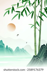 Chinese style poster illustration of bamboo and landscape by the lake