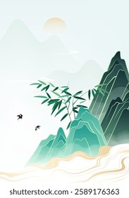 Chinese style poster illustration design There is a bamboo on the mountain surrounded by clouds