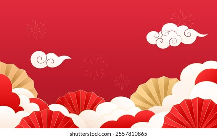 Chinese style red celebrates the New Year with red fans and white clouds in the background