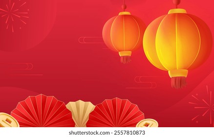 Chinese style red celebrates the New Year with fans and red lanterns in the background