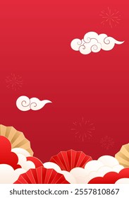 Chinese style red celebrates poster the New Year with red fans and white clouds in the background