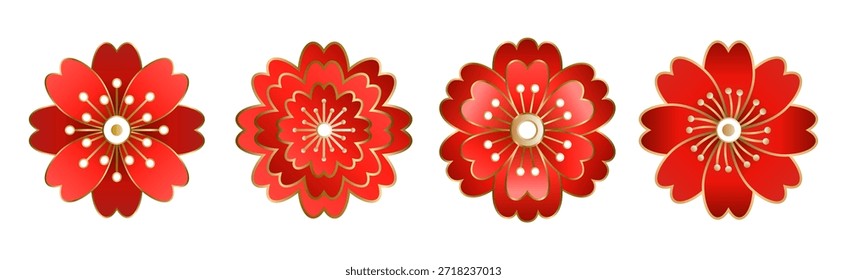 Chinesisch Stil rot gefärbt stilisierte Sakura Blumen mit Staubgefäßen, Gold Umriss. Blumensatz von schönen ostasiatischen traditionellen Kirschblüten. EPS 10 Vektorgrafik.