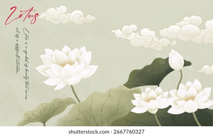 Chinese style retro horizontal Chinese painting of auspicious clouds and lotus flowers