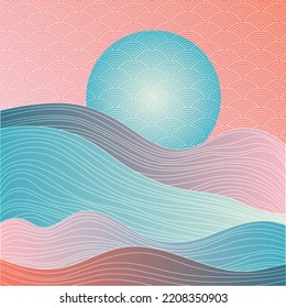 Chinese style scenery with traditional sky clouds pattern. Mountain hills, wave lines texture asian vector background. Minimalist hills, clouds sky chinese pattern. x Moire curve lines pattern.