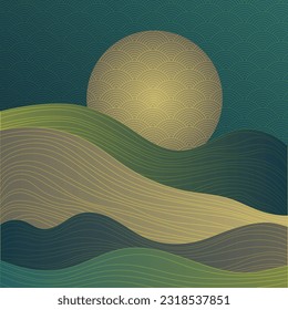 Chinese style scenery with traditional sky clouds pattern. Mountain hills, wave lines texture oriental vector background. Hills, clouds abstract sky chinese pattern. x Terrain scene, land surface.