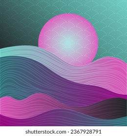 Chinese style scenery with traditional sky clouds pattern. Mountain hills, wave lines texture asian vector background. Land, clouds sky chinese ornament. x Terrain scene, land surface.