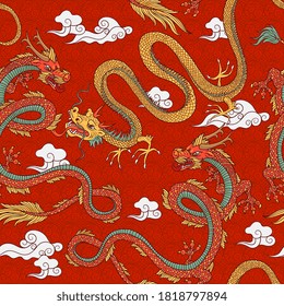 Chinese style seamless pattern with dragons, cartoon vector illustration on red background. Endless repeatable decorative texture with chinese dragons.