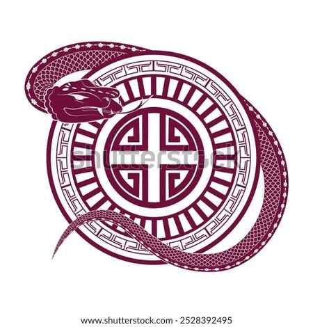 Chinese style snake wrapped around a round symbol, combining elegance with tradition. Happy Chinese New Year