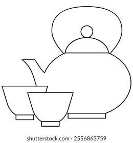 Chinese style tea set icon. Teapot and tea cups line icon vector illustration