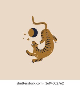 Chinese style tiger illustration in vector. Moon magic concept.