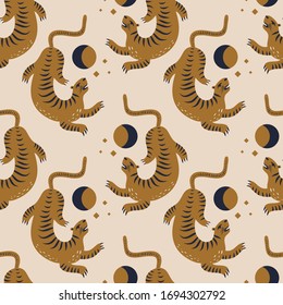 Chinese style tigers ornamental illustration in vector. Seamless pattern. Moon magic concept.