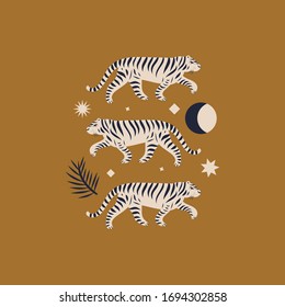 Chinese style tigers ornamental illustration in vector. Moon magic concept.