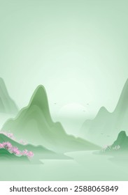Chinese style vertical illustration design of peach blossom trees between mountains and rivers