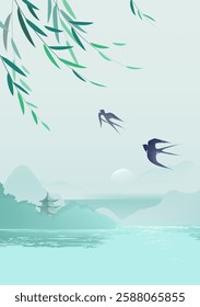 Chinese style vertical illustration design ink landscape willows and swallows