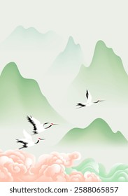 Chinese style vertical illustration design auspicious clouds and flying