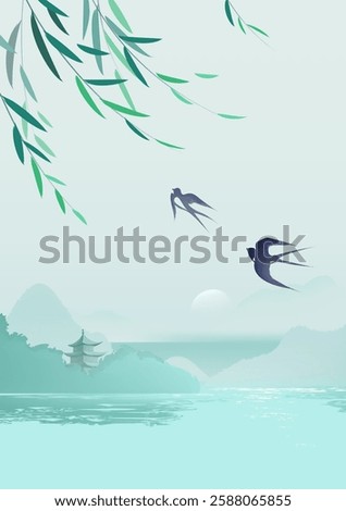 Chinese style vertical illustration design ink landscape willows and swallows