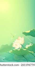 Chinese style vertical illustration of dragonflies among lotus flowers