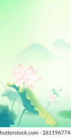 Chinese style vertical illustration dragonfly lotus and ink landscape