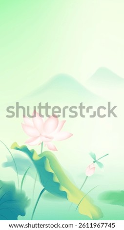 Chinese style vertical illustration dragonfly lotus and ink landscape