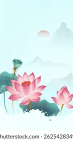 Chinese style vertical illustration ink landscape lotus