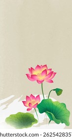 Chinese style vertical illustration watercolor style lotus flower