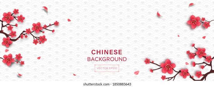 Chinese style white gray wave pattern banner background with Cherry blossom flowers at border