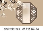 Chinese style window lattice border and white plum blossom background