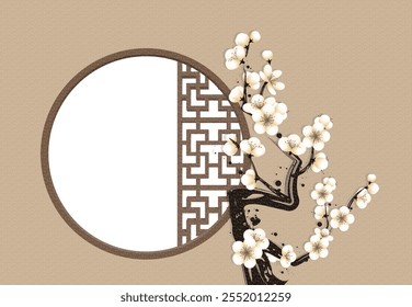 Chinese style window lattice border and white plum blossom background