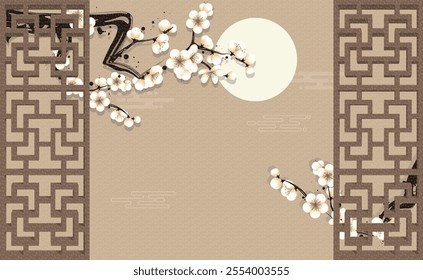 Chinese style window lattice border and white plum blossom background