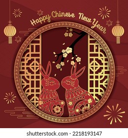 Chinese style window lattice with rabbit paper cut and plum blossoms and lanterns on red background with Happy Chinese New Year