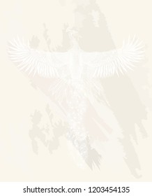 Chinese style.Hand drawn white peafowl on the vintage background.Pastel colors.Vintage background with flying phoenix.To be use for invitation wedding card, greeting card.Boho chic.Vector illustration