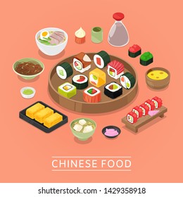 Chinese sushi vector food box, plate, chopsticks, top view, sushi set, tofu and tom dim traditional China soup. Set of flat, vector elements chinese food. asian food sushi poster restaurant menu