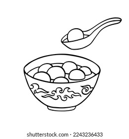 Chinese sweet rise balls in plate with spoon isolated on white. Outline hand drawn sketch of tang yuan or yuanxiao, traditional food on Lantern festival. Vector element, China holidays illustration.