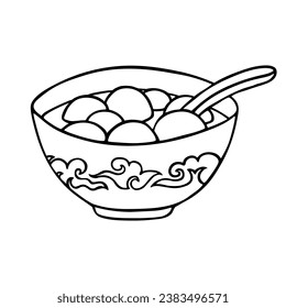 Chinese sweet rise balls in plate with spoon isolated on white. Outline hand drawn sketch of tang yuan or yuanxiao, traditional food on Lantern festival. Vector element, China holidays illustration.