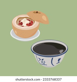 Chinese Sweet Soup or Hong Kong desserts. Black Sesame Soup of chinese style dessert. Asian food Black Sesame Porridge,Black rice gruel. Asian black sesame soup and Skate Into Love dessert.