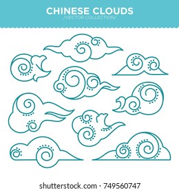 Chinese swirly clouds thin blue outlines vector collection