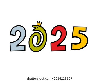 Chinese symbol of 2025 is a snake. Vector illustration of numbers and animal lettering. Cartoon writing, signs and symbols. Wild animal in the crown curled up in a circle.