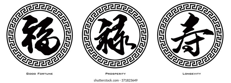 Chinese Symbol Calligraphy Ink Brush Strokes in Border Circle with Text of Good Fortune Prosperity and Longevity Vector Illustration