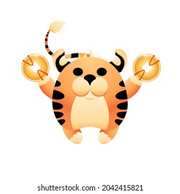 Chinese symbol of the coming new year 2022. Small striped tiger holds gold coins. Oriental sign of wealth and prosperity. Red tiger, character for the lunar calendar 2022. Vector isolated illustration