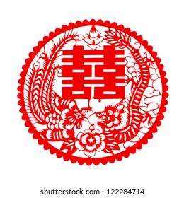 Chinese symbol of double happiness with dragon and phoenix (vector graphics)