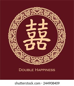 Chinese Symbol Double Happiness in Round Floral Frame